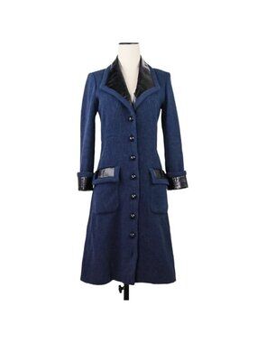 Chanel Tweed Leather Long Coat Size 34 Navy